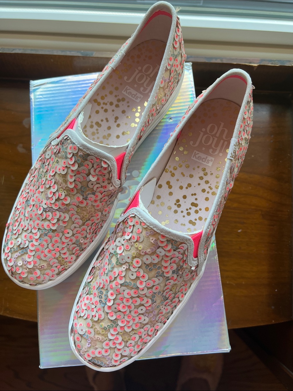Keds Oh Joy! Sequin Slip-On Sneakers in Pink and Gold